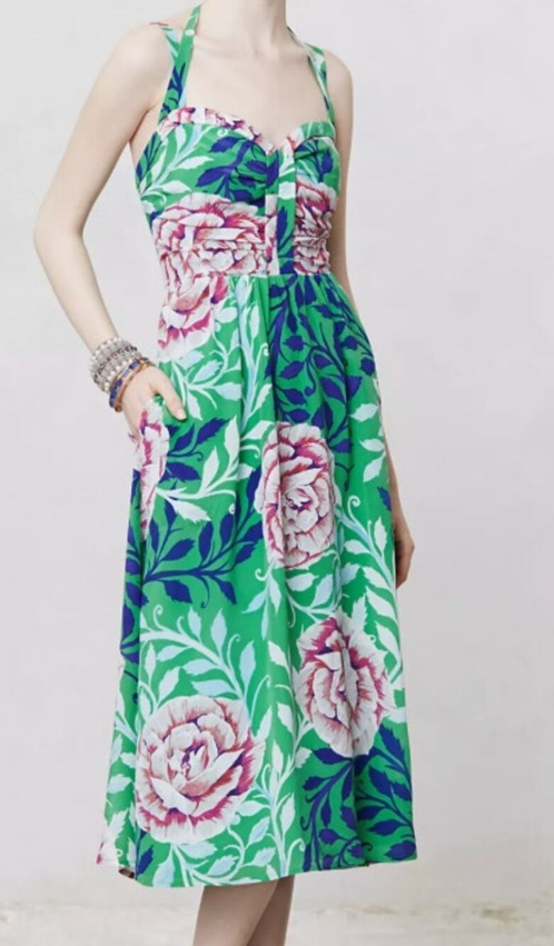 ANTHROPOLOGIE MOULINETTE SOEURS Women's Silk Halter Dress Size 0 Rosamund Floral